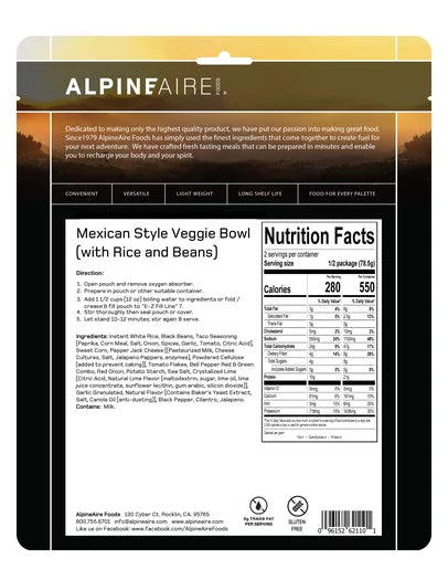 AlpineAire Mexican Style Veggie Bowl | Vegetarian &amp; Gluten-Free Cook-in-Pouch Meal